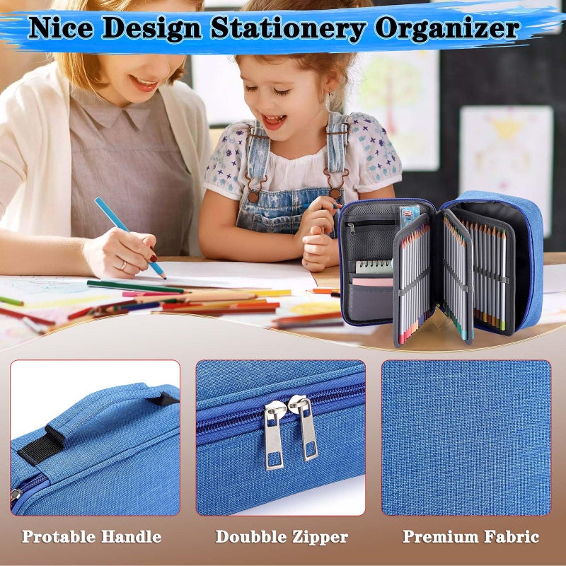 BTSKYÂ® High Capacity Zipper Pens Pencil Case- Multi-Functional Stationery Pencil Pouch 72 Slots Colored Pencil Case Portable Pencil Bags With 2 Removable Sleeves(Blue) - Image 5